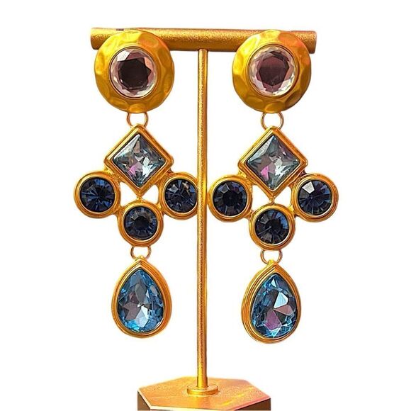 Blue Glass Crystal Matte Gold Tone Large Statement Earrings NWT - Picture 2 of 5